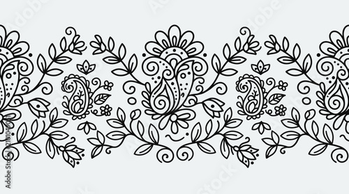 Seamless Henna Style Paisley Floral Border Line Art Vector