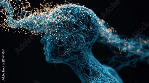 Abstract digital human head dissolving into glowing particles of consciousness