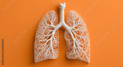 White detailed lung anatomy model against a bright orange background