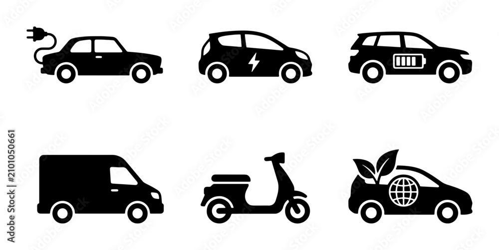 Fototapeta premium Electric Vehicle Icons: Eco-Friendly Transport Set, EV Cars, Scooter, Van, Clean Energy