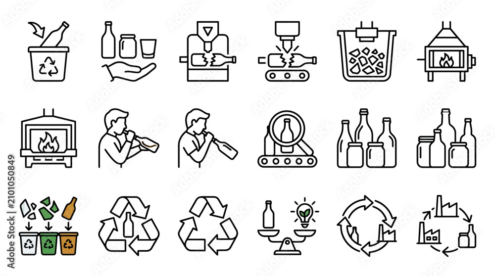 Fototapeta premium Glass Recycling and Manufacturing Process Icons