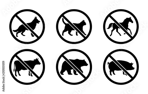 Photography No Pets Allowed Vector Icons: Dog, Cat, Horse, Cow, Bear, Pig Prohibition Signs