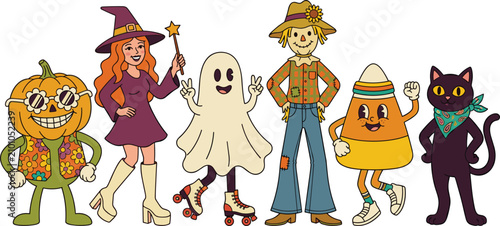Obraz na płótnie Cute Halloween characters collection featuring pumpkin, witch, ghost, scarecrow,