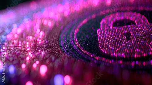 Digital padlock formed by glowing pink and purple particles on a dark background