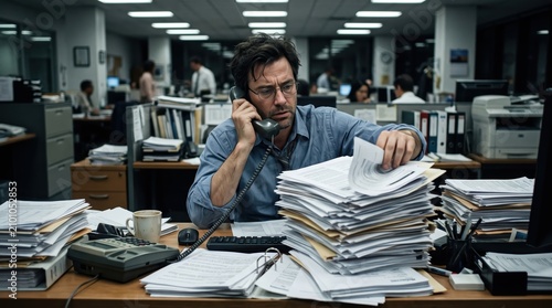 Overwhelmed man at cluttered office desk talking on phone surrounded by towering stacks of paperwork, busy open plan newsroom setting, stressed and hurried mood during deadline work