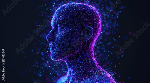 Artificial intelligence human head profile silhouette made of glowing data particles