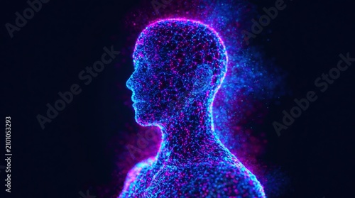 Artificial intelligence human head silhouette made of glowing digital neon particles