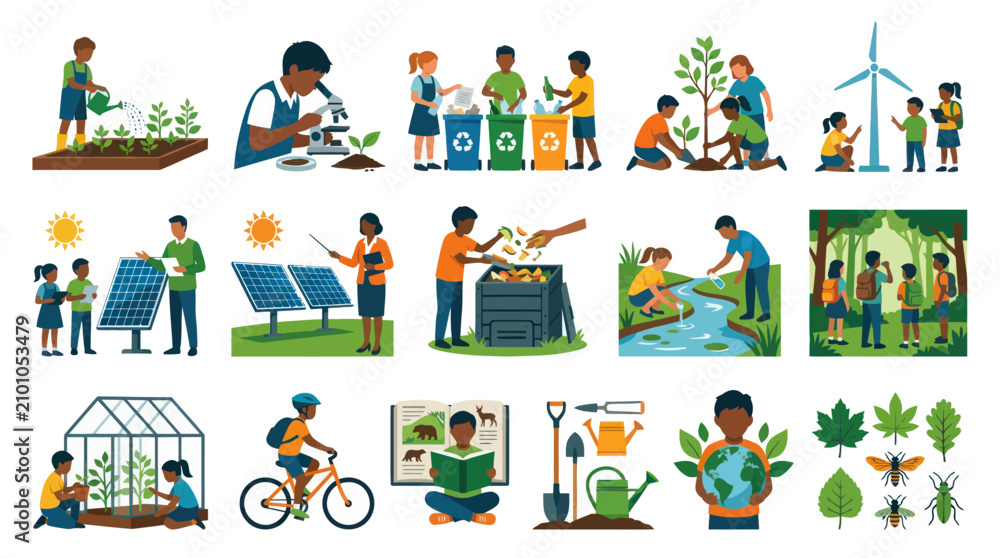 Fototapeta premium Flat Vector Illustration Set: Environmental Sustainability, Ecology, Nature Education Icons