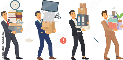Stressed Office Workers Moving Vector Character Set Featuring Businessmen Carrying Heavy Boxes Office Supplies Desktop Monitors Files Folders and Personal Belongings