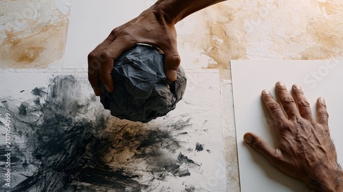 Hands create art with charcoal and textured object