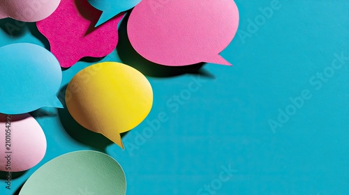 Colorful speech bubbles scattered on a bright blue background