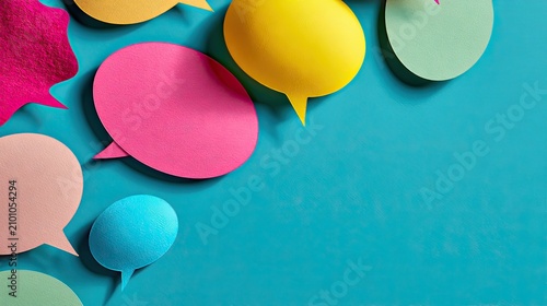 Colorful speech bubbles ascend against a vibrant turquoise background