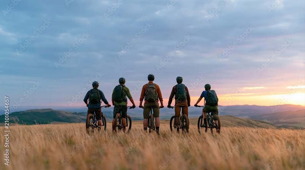 Fototapeta premium Biking group of friends and cyclists on mountain adventure cycling at sunset view