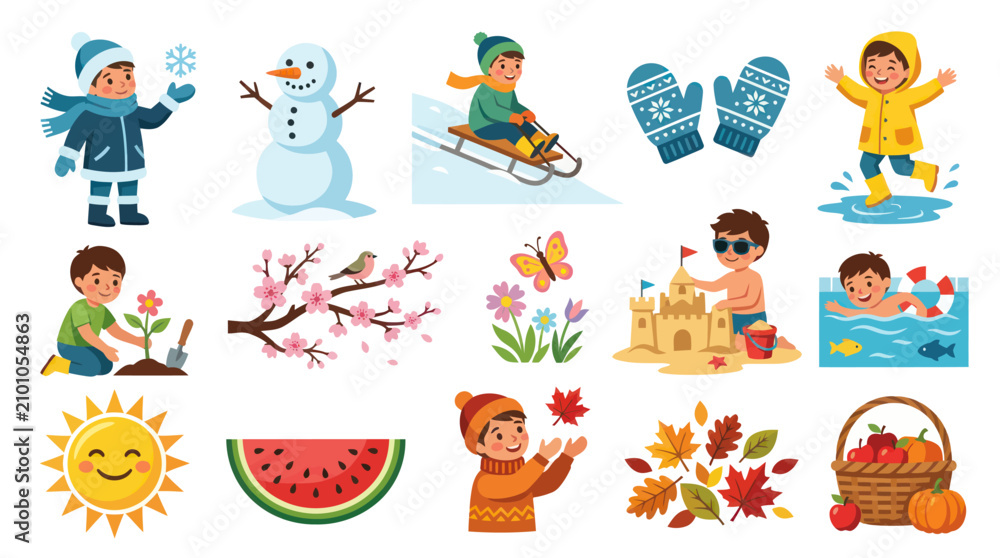 Fototapeta premium Children's Four Seasons Flat Illustration Set. Kids Activities, Nature, Weather, and Lifestyle Education.