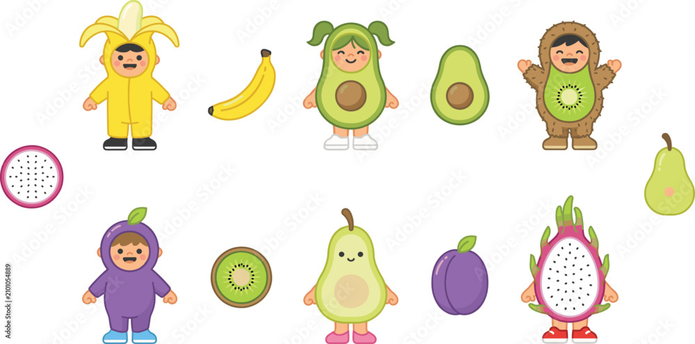 Obraz premium Cute Kids Wearing Fruit Costumes Vector Character Set Featuring Children Dressed As Banana Avocado Kiwi Plum Pear And Dragon Fruit With Matching Icons