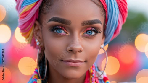 Close-up portrait of a confident young Black woman wearing a colorful headwrap with vibrant makeup, striking blue eyes, and bold fashion, celebrating beauty, culture, and self-expression.