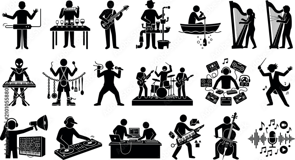 Obraz premium Set of stick figure musicians playing various musical instruments and electronic equipment