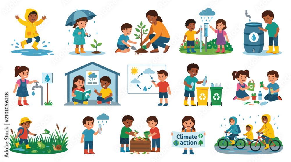 Fototapeta premium Children Illustrating Climate Action: Planting, Recycling, Rain, Biking