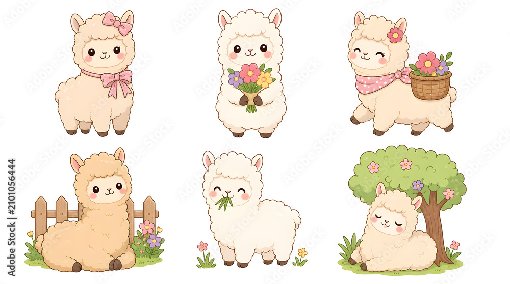 Obraz premium Cute Alpaca Collection: A charming set of six illustrations featuring adorable alpacas in various whimsical poses, adorned with flowers and bows, evoking a sense of joy and playfulness.