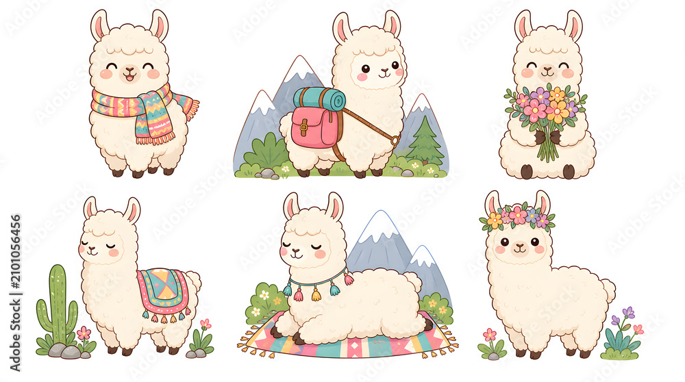 Fototapeta premium Cute Llama Collection: A whimsical compilation of adorable llamas illustrated in various delightful scenarios, from scenic mountain landscapes to charming floral settings.