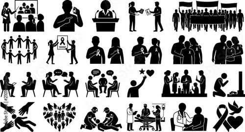 Obraz na płótnie Cancer awareness and support icons set, medical care, charity, and community hel