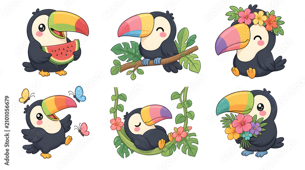 Obraz premium Cute Toucan Collection: A vibrant collection of six adorable cartoon toucans showcasing various activities, from eating watermelon to lounging in a hammock, each with its iconic colorful beak.