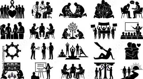 Obraz na płótnie Set of vector icons representing cancer awareness, support groups, medical care,