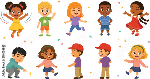 Diverse Happy Kids Cartoon Character Set Jumping Waving Running and Dancing for Children Education School and Kindergarten Graphic Designs
