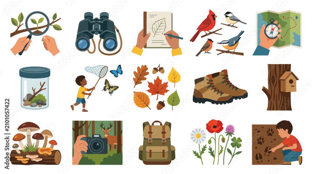 Obraz premium Flat Vector Illustration Set of Nature Exploration, Outdoor Adventure Gear, Wild Animal Tracking, and Learning Icons