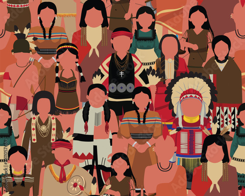 Native American People Standing Front Seamless Pattern Background