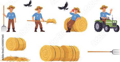 Male Farmer Character Vector Set Working on Agriculture Farm Driving Green Tractor and Harvesting Hay Bales for Rural Countryside Graphic Designs