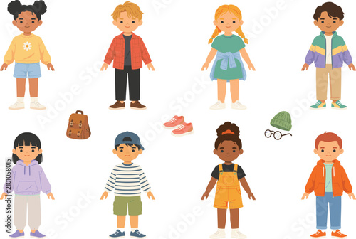 Foto Diverse Cute Kids Paper Doll Dress Up Vector Character Set with Fashionable Clot