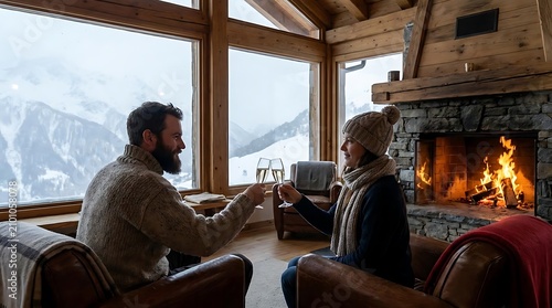 Couple enjoying drinks by fireplace in mountain lodge during winter