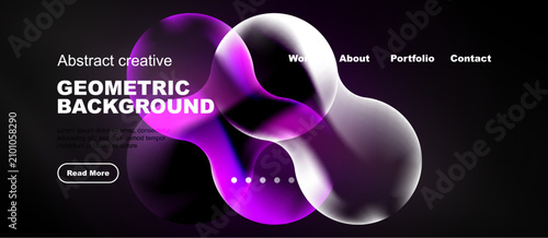 Abstract design features vibrant purple, white shapes over dark background. W...