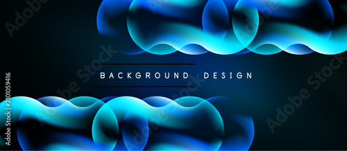 Dark backdrop features flowing blue shapes. Abstract waves create dynamic vis...