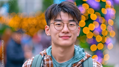 Smiling young Asian man wearing glasses with colorful city street bokeh in the background, capturing confidence, modern lifestyle, urban culture, and authentic portrait photography.