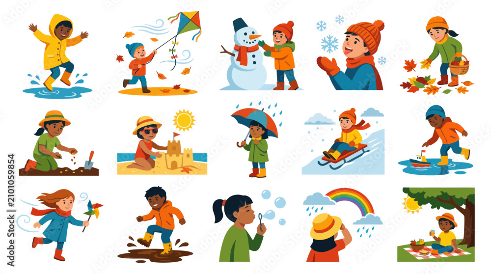 Fototapeta premium Happy Children Seasonal Activities Flat Vector Illustration Set for Spring, Summer, Autumn, Winter