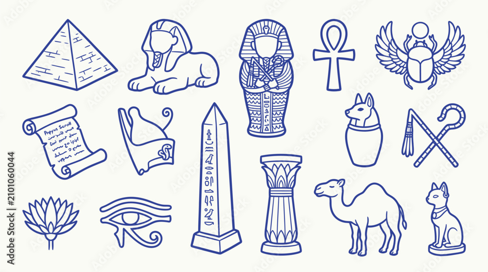 Fototapeta premium Collection of Ancient Egyptian Symbols and Icons in a Simple Line Art Style.