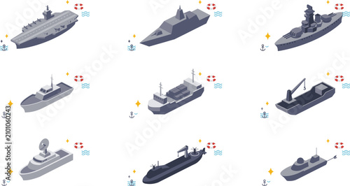 Quadro su tela Isometric Military and Naval Vessel Icon Set Featuring Aircraft Carrier Submarin