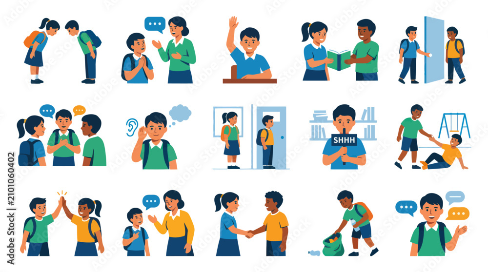 Fototapeta premium Children's Back to School Activities Flat Illustration Set
