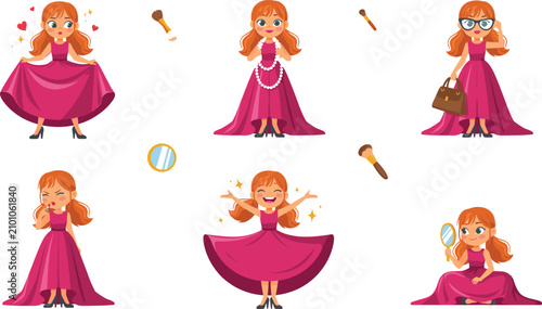 Bild auf Leinwand Cute Redhead Girl Character Vector Set Wearing Elegant Magenta Evening Dress Pea