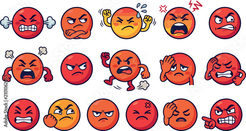 Tableau sur toile Set of angry red emoji characters showing various expressions of frustration, ra