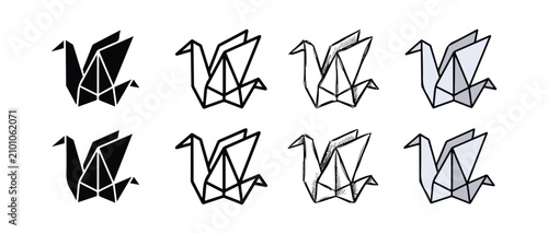 Origami cranes in various styles and shading on white background  paper folding art designs