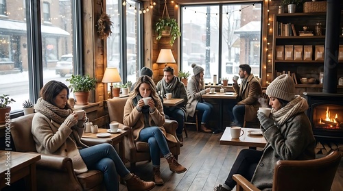 Cozy cafe interior with people enjoying warm drinks on a winter day