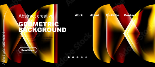 Dynamic geometric shapes, vibrant colors, dark background. Website header wit...