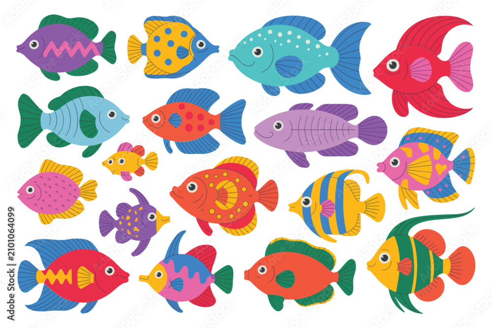 Fototapeta premium Set of vibrant cartoon fish featuring diverse patterns, shapes, and expressions isolated on a clean white background for