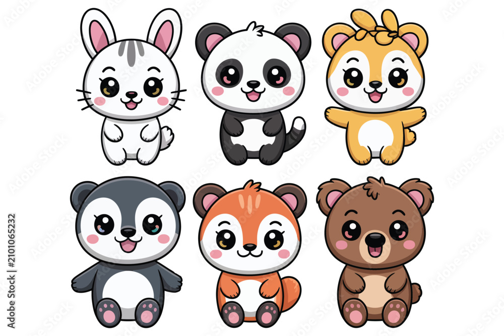 Fototapeta premium Set of six cute kawaii style animals including a rabbit, a panda, a bear, and other small woodland creatures with big eyes on a white background