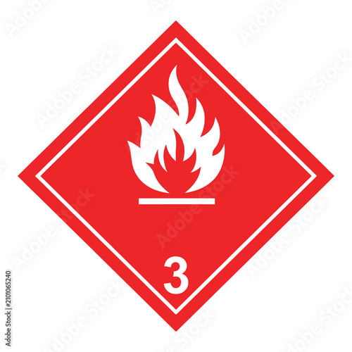 Flammable liquid warning sign with flame and number three  hazardous materials indicator icon