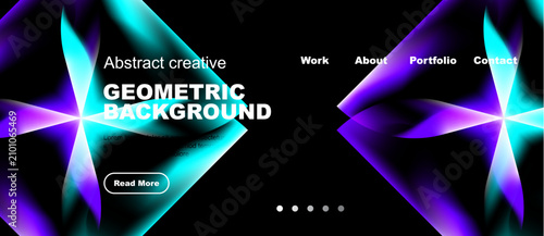 Vibrant geometric background features neon blue, purple hues. Website header ...