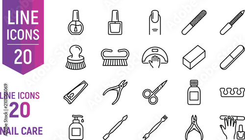 Fotografía Professional nail care line icon set featuring twenty manicure salon tools polis